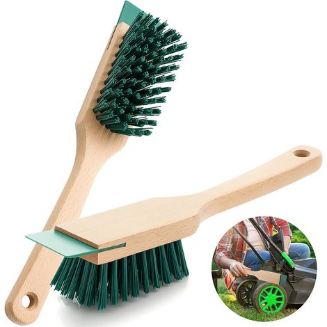 Spazzola per tosaerba con raschietto per tosaerba a spinta e a cavalco, setole in plastica robuste e manico lungo in legno, spazzola per attrezzi da giardino/spazzola a mano per la