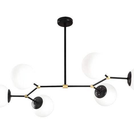 Lustre en métal - 6 globes - L. 100 x H. 52 cm - Noir et blanc - DAMAR (1/5)