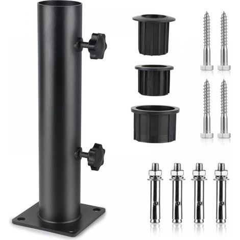 Pied Parasol, Tube de Parasol, Support Parasol Metal Réglable avec 3 Anneaux de Réduction en PVC (32/38/48mm), Tube pour Pied de Parasol avec 8 Clous en Acier, Noir (1/5)