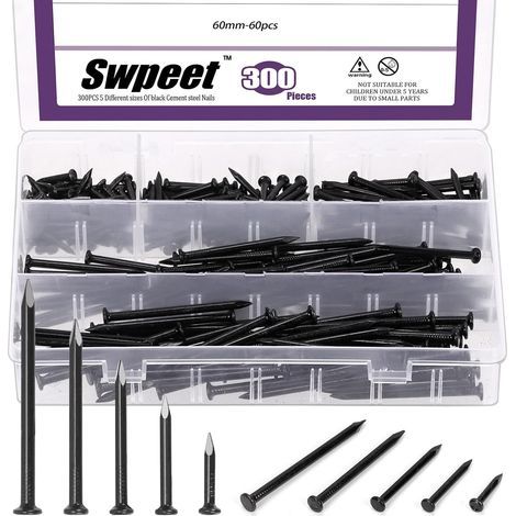 Kit d'assortiment de 300 clous en 5 tailles 3/4" 1-1/4" 1-3/5" 2" 2-3/8" en acier, clous noirs pour matériel, clous galvanisés, petits clous, clous de finition, clous pour murs, clous pour bois
