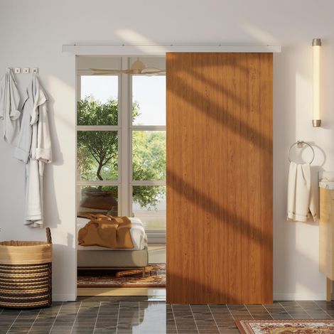 Porta scorrevole 90x210 cm, kit di montaggio per armadi, binario, effetto legno marrone