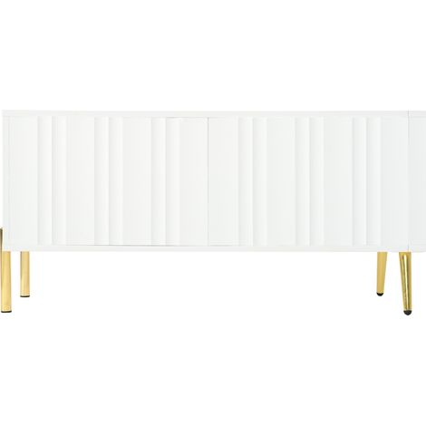 Meuble TV blanc 190 x 38 x 48 cm avec pieds dorés et portes à rainures (1/5)