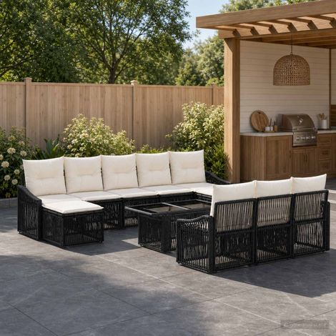 vidaXL Set Divano da Giardino 11 pz Nero e Bianco Crema polyrattan (1/5)