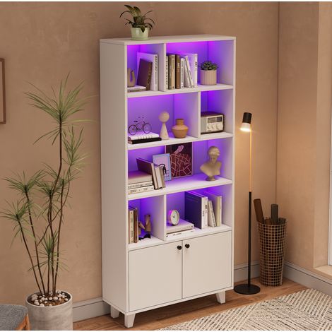 Bücherregal (80x30x173 cm), LED Atmosphärenlicht per App steuerbar, sieben Ablagefächer, Weiß, MDF und Massivholz (1/5)