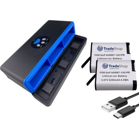 Trade-Shop 3in1 Set: 2x Akku (abgerundete Form) 2200mAh + USB-C LCD Triple Ladegerät / Ladebox für GoPro HERO13 Black, AHDBT-1301, AHDBT-1301PR, CPSS1B (1/5)