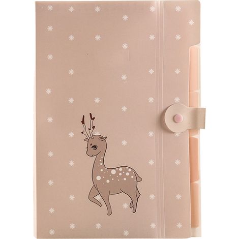 Joli porte-documents coréen aux couleurs acidulées, en polypropylène, à soufflets, idéal pour ranger documents, papiers et copies d'examen. Motif cerf rose, 5 compartiments. (1/5)