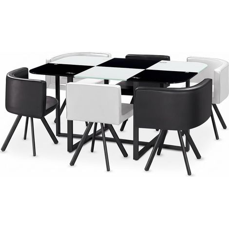 Table 90x150cm avec 6 sièges gain de place Mosaic XL Verre Noir/Blanc et Métal noir (1/5)