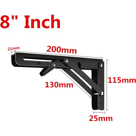 (Noir 20 cm - 20 cm - FR) 2 supports d'angle pliables triangulaires noirs pour meubles, support robuste et réglable, pour fixation murale, banc, table ou étagère. (1/5)
