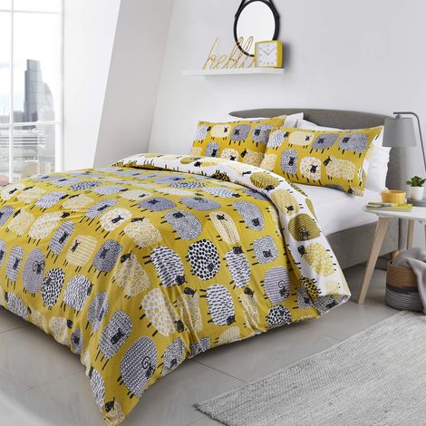 Housse de Couette Mouton Jaune Ocre 260 x 220 cm 2 taies d'oreiller Design réversible Animaux de la Ferme Agneau Jaune Cadeaux (1/5)