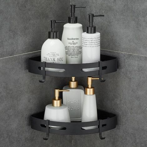 Lot de 2 Pièces Etagère de Douche d'angle sans Perçage en Métal avec 2 Crochets pour Douche Support Antirouille Autocollant (Noir) (1/5)