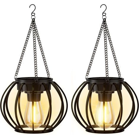 Lampe Solaire Exterieur Suspendue, Lanterne Solaire Exterieur Métal avec Chaîne et Crochet, IP65 Étanche Lanterne Ronde Decorative à Suspendre pour Terrasse Balcon Cour Jardin, lot de 2 (1/5)