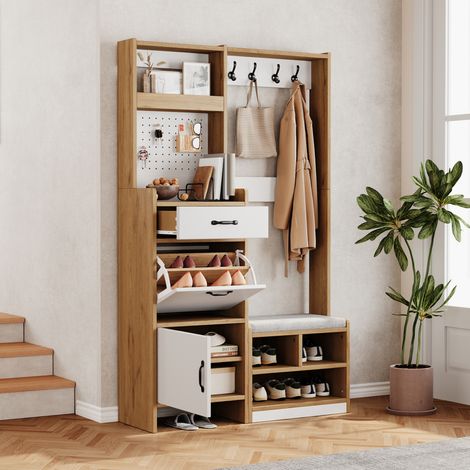 MODFU – Mueble de entrada 108,5x35x180 cm con banco, almacenamiento para zapatos, ganchos y cajón – Blanco/madera (1/5)