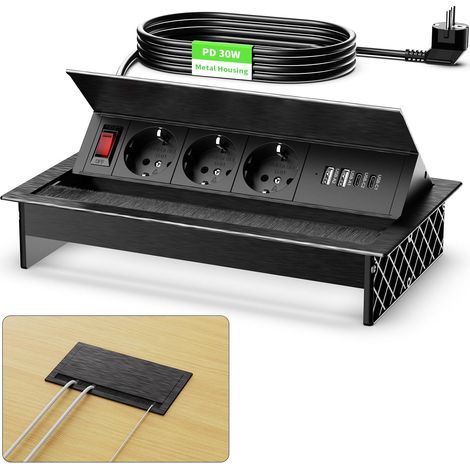 Multiprise Encastrable 2 USB C PD 30W, Aluminium Prise Encastrable Plan de Travail avec Interrupteur, Bloc Prise Escamotable pour Cuisines Bureaux Salle de Réunion, 1.8M Câble, Noir