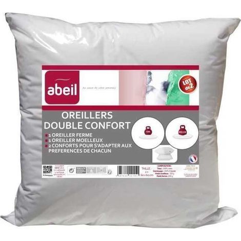 ABEIL Lot de 2 Oreillers DOUBLE CONFORT 100% Coton 60x60cm