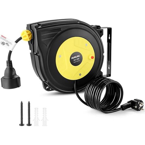 Automatische Kabeltrommel 13 M, 1250W 2000W Kabelaufroller, 10 m + 3 m Stromtrommel Kabelroller, Verlängerungskabel außen Wandmontage Überlastschutz, Wand und Deckenmontage 180° drehbar (1/5)