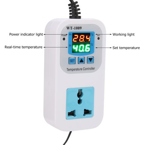 WT-1009 Digitaler Temperaturregler mit zwei Displays, hochpräzise Temperaturregelung, Steckdose, 10 A, 110–220 V, europäischer Standard (1/5)