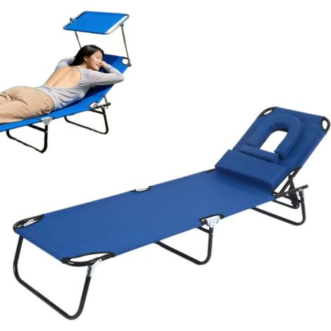 Chaise longue pliante, chaise de plage extérieure, réglable, avec appui-tête amovible, adaptée aux terrasses, jardins et camping, bleue. (1/5)