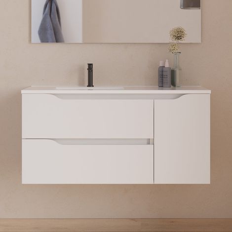 Meuble sous vasque seul, 2 tiroirs et 1 porte, 100cm, pour vasque déportée gauche - blanc mat - ZARZA