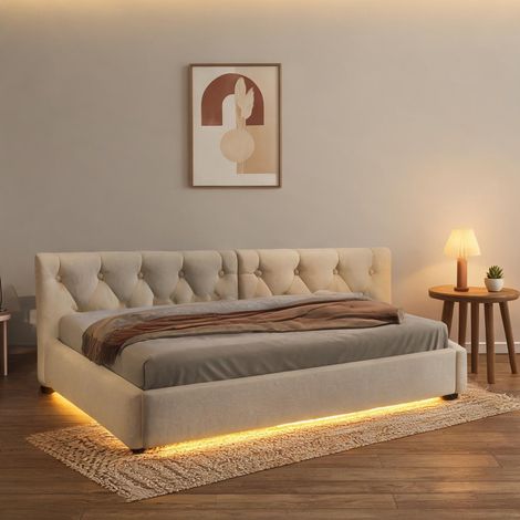 Cadre de lit beige en lin 213 x 103 x 50 cm (1/5)