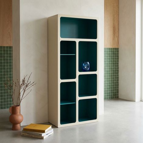 Etagère bibliothèque organique décor bois 8 compartiments bleu - Agatha
