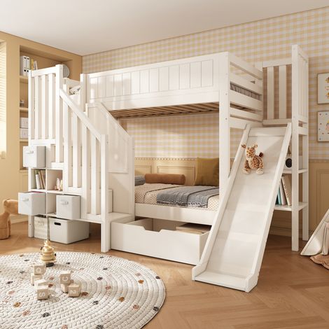 Letto a castello bambini 90x200 cm con scivolo, ripiano e cassetti, in legno bianco, materasso non incluso (1/5)
