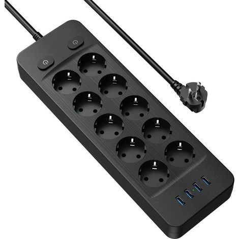 Multiprise Electrique 4000W Multiprise 10 Prises avec 4 Ports USB Bloc Multiprise Parafoudre Surtension avec Interrupteur Câble 2M (1/4)