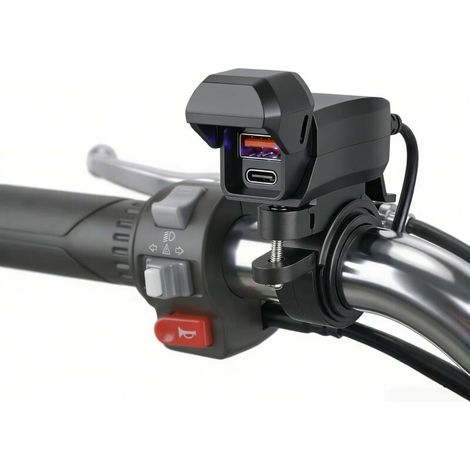 Chargeur USB pour moto, 36 W PD3.0 et 18 W QC3.0 2 ports, protection IP65, 12-24 V DC, mini construction compacte pour moto, scooter, quad, câble de 1,40 m, 2 types de montage (1/5)