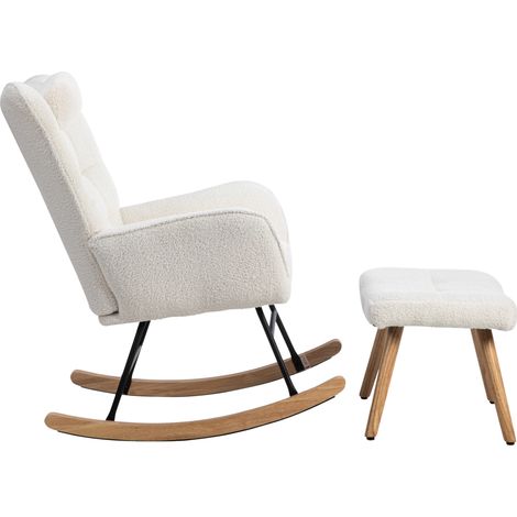 Fauteuil à bascule blanc avec repose-pieds et coussin, structure en bois d'hévéa, largeur d'assise 65 cm (1/5)