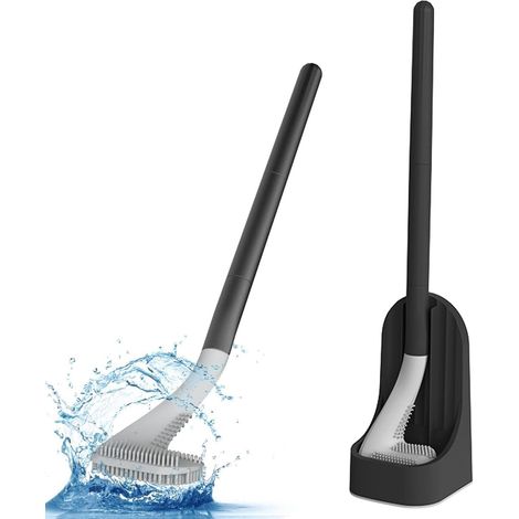 Cepillo de baño y soporte de silicona – Cepillo de baño de plástico con mango largo – Montaje en pared o suelo – Negro (1/5)