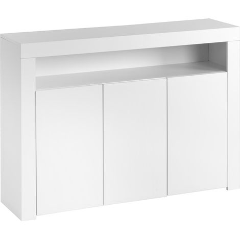 316357358WAA) Buffet-vitrine blanche brillante avec LED, meuble de rangement moderne en bois à 3 portes avec télécommande pour cuisine, salon, salle à manger, couloir (1/5)