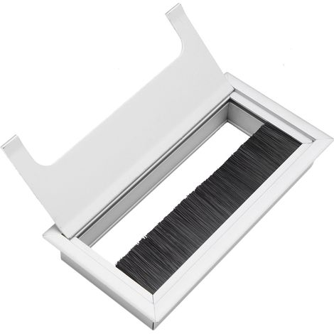 Pasacables cuadrado de aluminio para uso en oficina, tamaño mediano, con tapa abatible y cepillo anticorte.