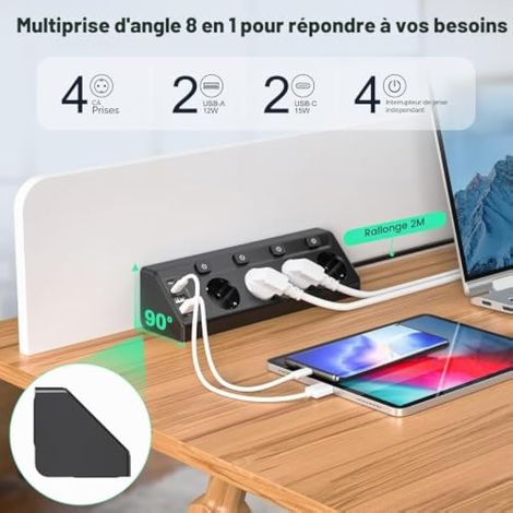 Prise d'angle avec USB, Multiprise à 4 Prises avec Interrupteur, Multiprise avec 2 USB et 2 Type-C, Protection Antisurtension 8 en 1 avec câble de 2M pour Smartphones Tablettes, Maison, Noir (1/4)