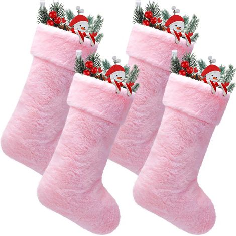 Chaussette de Noël, sac de décoration Père Noël, sac cadeau chaussette de Noël, sac à bonbons, sac à décorations, décoration, chaussette de Noël rose en peluche, 50 cm.