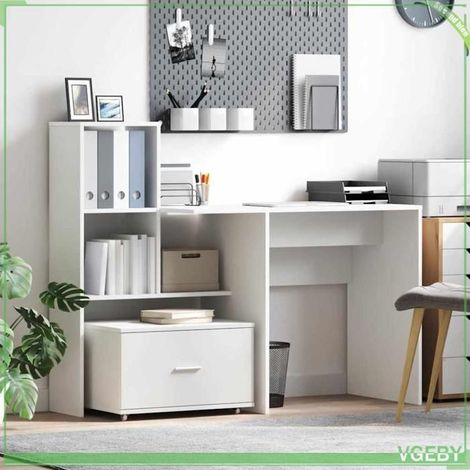 Bureau blanc contemporain 131,5 x 50 x 106,5 cm en bois d'ingénierie – tiroir et étagères (1/4)