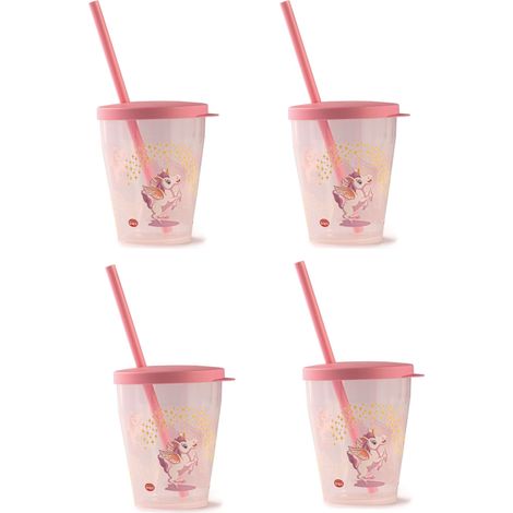 Lot de 4 Gobelets avec Paille et Couvercle, 385 ml, Gobelets Réutilisables pour Eau, Jus et Boissons, Gobelets et Pailles Lavables au Lave-Vaisselle, Décor Licorne (1/5)