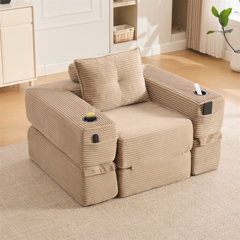 Canapé Convertible 1 Place - 122x98x80cm - Chauffeuse Pliante en Velours Côtelé avec Ressorts, Porte-Gobelet - Kaki (1/5)
