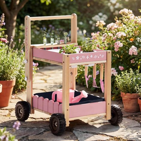 Chariot de jardin en bois pour enfants, avec 4 gobelets et 4 tubes à essai hydroponiques, arrosoir, 3 outils de jardin, étiquettes pour plantes et cartes de protocole de plantation, à partir (1/5)