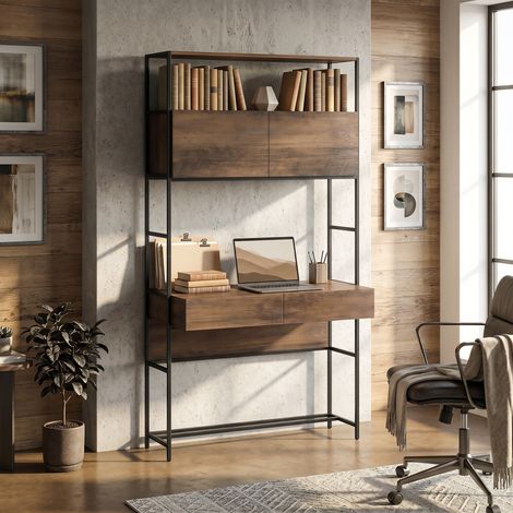 Bureau d'ordinateur 2 tiroirs, 100 x 45 x 185 cm, meuble de rangement avec 2 portes et étagères, couleur marron (1/5)