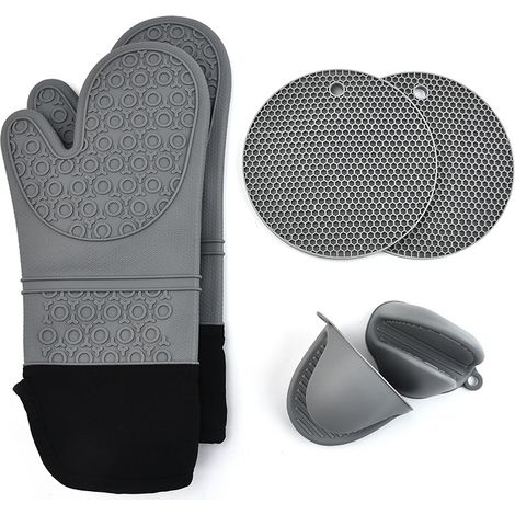 Set mit 6 Silikon-Ofenhandschuhen – Hitzebeständig – Rutschfest – Mit Mini-Handschuhen und Untersetzer – Küchenhandschuhe zum Backen und Grillen (schwarz/grau)