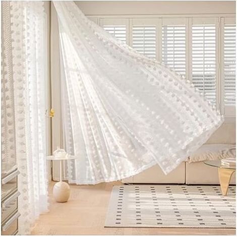 NALOOKAMIC L132 x H160 cm Rideaux Voilage Blanc de Style Bohème, Lot de 2 Touffetés à Pompons Brodé Design pour Salon Chambre d'enfant (1/5)