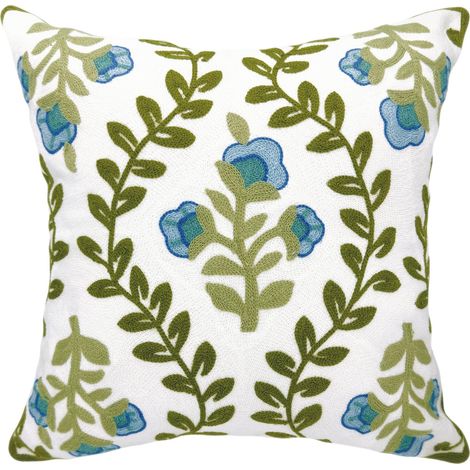 Housse de Coussin décorative, Style Rustique, pour l'été, Motifs brodés de Fleurs Bleues et Feuilles Vertes - pour canapé, lit, Salon, Chambre - 45 x 45 cm (1/5)
