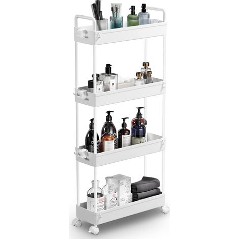 Chariot de Rangement à 4 étagères Coulissant et Coulissant Chariot de Rangement Mobile pour Cuisine, Salle de Bain, buanderie, Chambre, Espace étroit, Plastique, Blanc (1/5)