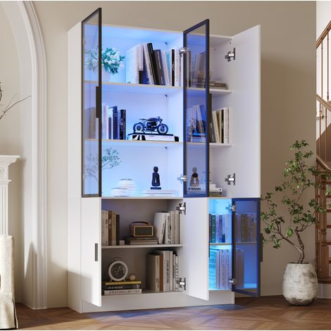 Hohe Vitrine mit LED 120 x 35 x 200 cm Weiß mit Glastüren und Aluminiumrahmen (1/5)