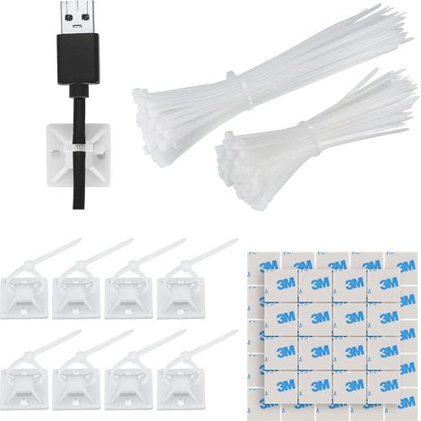 200 Pièces Serre-Câbles Plastique Blanc avec 100 Pièces Collier de Serrage Plastique, Attache Câble Adhésif, Auto Adhésif Supports Base pour la Maison et le Bureau (1/5)