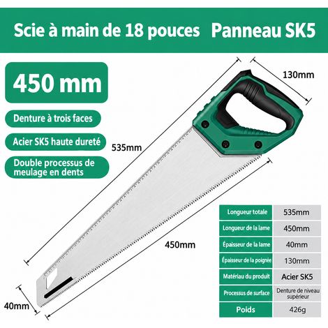 Scie égoïne manuelle 18 pouces en acier allié SK5 18 450 40 30 × 30 × 30 cm 100 g – Livraison gratuite