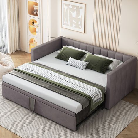 Ausziehbett-Gestell 90x200 cm Mit Mdf, Grauer Veloursstoff (1/5)