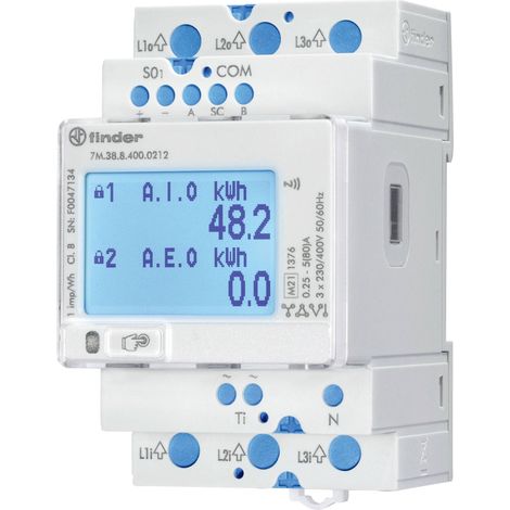 Finder – Compteur d'énergie numérique 80 A – 3 x 230 V AC – Affichage LCD rétroéclairé – 7M3884000212 – Montage rail DIN - W417382 (1/2)