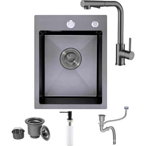 Évier Noir Anthracite 35 X 45 Cm Avec Robinet De Cuisine Extensible Gris Noir, Égouttoir Et Siphon - 1 Bac Carré Encastré Avec 2 Trous (1/5)