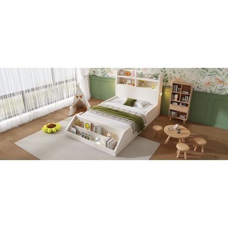 Cama 90x200 cm de madera, blanca, con estante y luz, ahorra espacio, sin colchón – MEUBLIV (1/5)