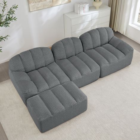 Canapé d'angle convertible 3 places avec pouf, structure sans bois, mousse dense 32D, confortable, assise spacieuse, parfait pour séjour, tissu moelleux, couleur gris (1/5)